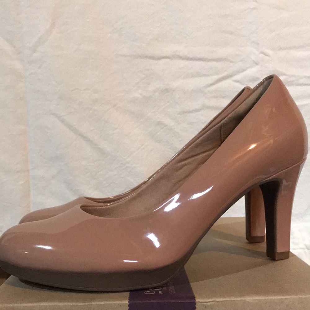 Clarks Brier Dolly nude patent pumps.